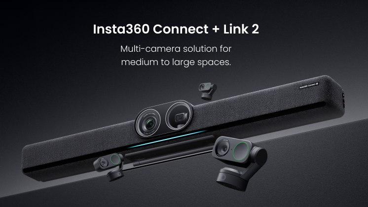 A visual demonstrating Link 2 paired with Insta360 Connect 8K videobar.